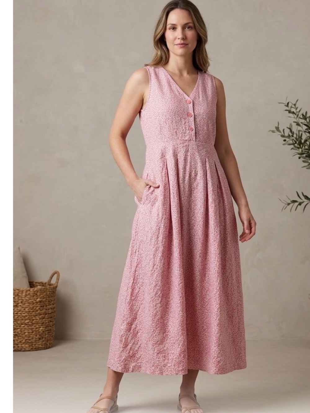 Modest apparel brand Sleeveless Pink V-Neck Midi Dress with Button Detail